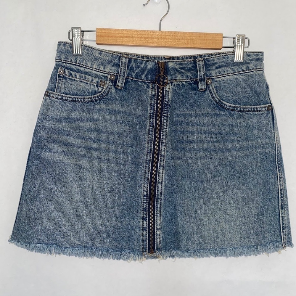 We The Free Distressed Blue Denim Mini Skirt with Front Zip